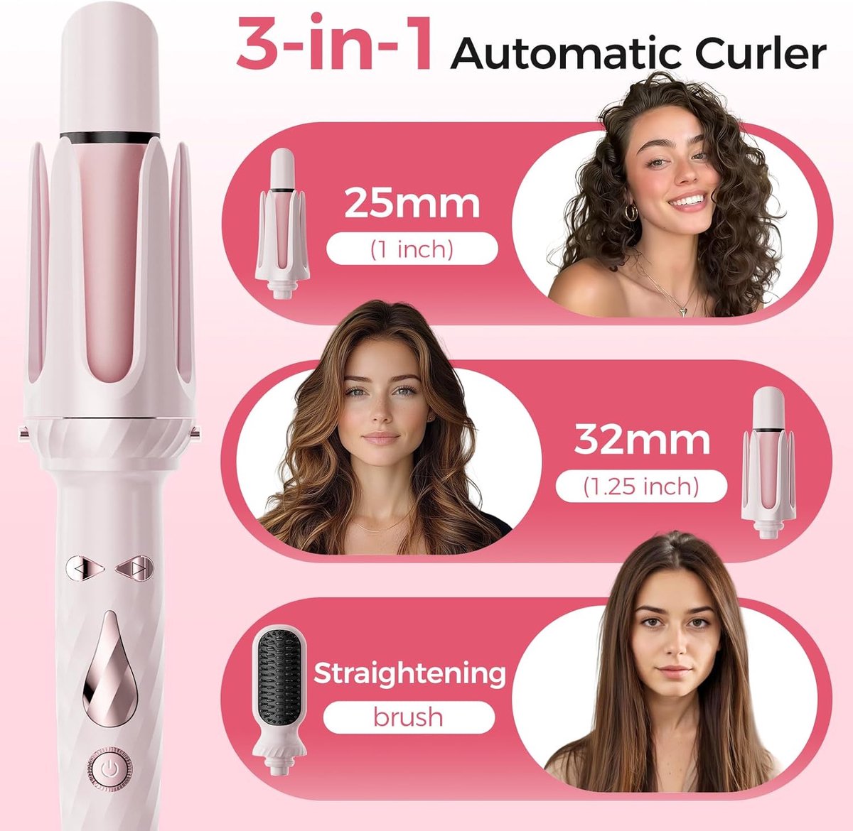 3 in 1 Curling Iron - Automatic Curling Iron - Straightener - Hair Curler - Straightening Brush - 25mm and 32mm - French Wave Curling Iron - Heated Brush - Portable Rotary Curling Iron - Heat and Travel Protection - Curling Irons - Thermal Brush - 3 in 1