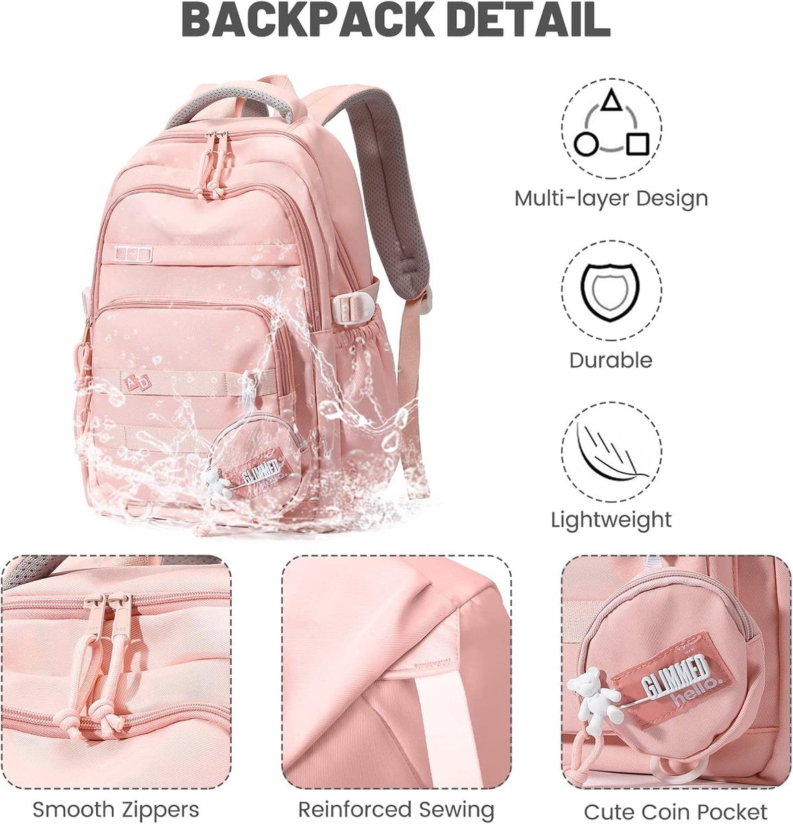 Waterproof backpack for girls - Girl Backpack - School backpack - lightweight school bag - School bag - Girls School Student School Bag - Large capacity backpacks for Girls and Boys - Teenagers - High School backpacks - Pink