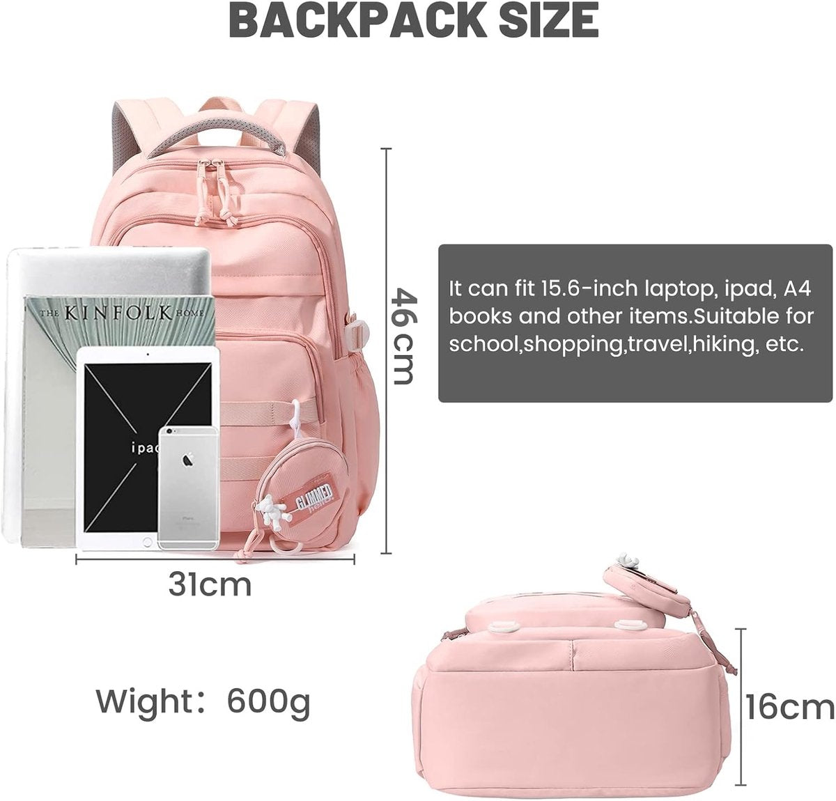 Waterproof backpack for girls - Girl Backpack - School backpack - lightweight school bag - School bag - Girls School Student School Bag - Large capacity backpacks for Girls and Boys - Teenagers - High School backpacks - Pink