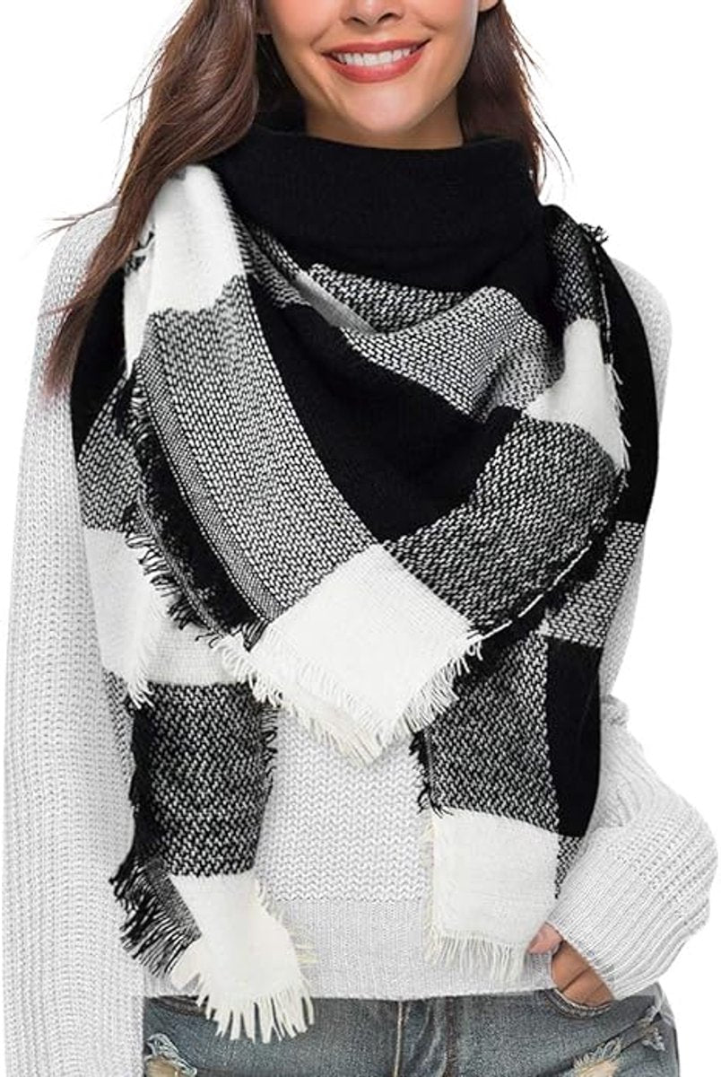 scarf - women's scarf - Women's Triangle Scarf - women's winter scarf - small scarves for women - Women's Wrap - Triangular scarf - Scarf with fringe - Faux cashmere - Warm for autumn and winter - Large checked tassel scarf - Black & White