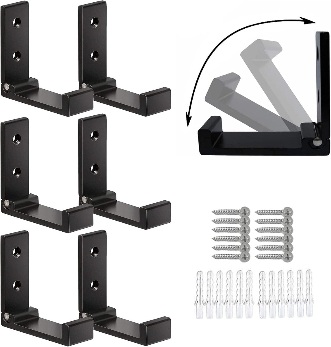 6 pieces - Foldable wall hooks - 6.7*7.5*2.5 cm - Clothes hook - concealable clothes hooks - heavy-duty wall hooks - aluminum hooks - with screws - foldable hooks - for hanging coats, bags, hats, and keys - black