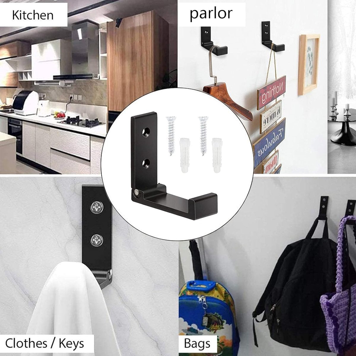 6 pieces - Foldable wall hooks - 6.7*7.5*2.5 cm - Clothes hook - concealable clothes hooks - heavy-duty wall hooks - aluminum hooks - with screws - foldable hooks - for hanging coats, bags, hats, and keys - black