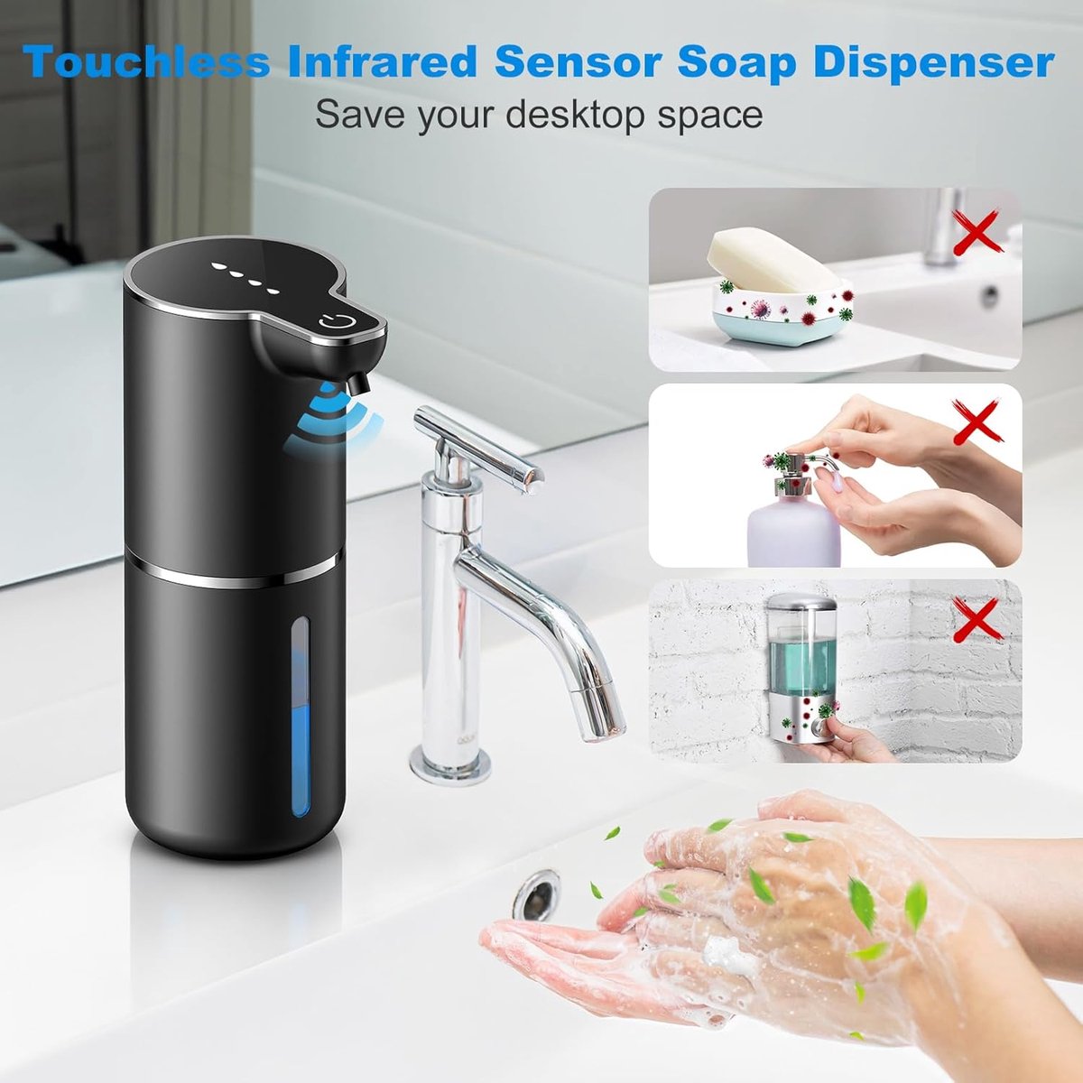 Soap Dispenser - Automatic Soap Dispenser - 350ml - Automatic Foam Soap Dispenser - Wall-Mounted Soap Dispenser - USB Rechargeable - 4 Adjustable Levels Soap Dispenser - For Bathroom and Kitchen - 19*11*7.5 cm - Black