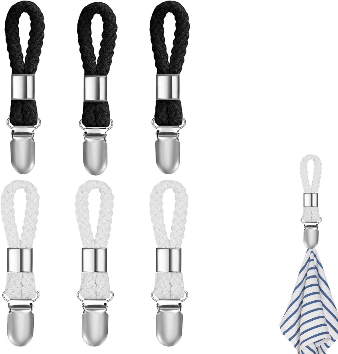 6 pieces - towel clips - bath towel clip - metal kitchen tea towel hooks - with woven cotton rope loop - for hanging tea towel holders in kitchen, bathroom, home - black and white - 11*2.3 cm