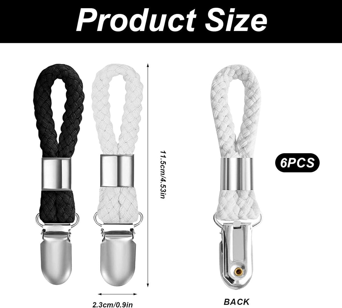 6 pieces - towel clips - bath towel clip - metal kitchen tea towel hooks - with woven cotton rope loop - for hanging tea towel holders in kitchen, bathroom, home - black and white - 11*2.3 cm