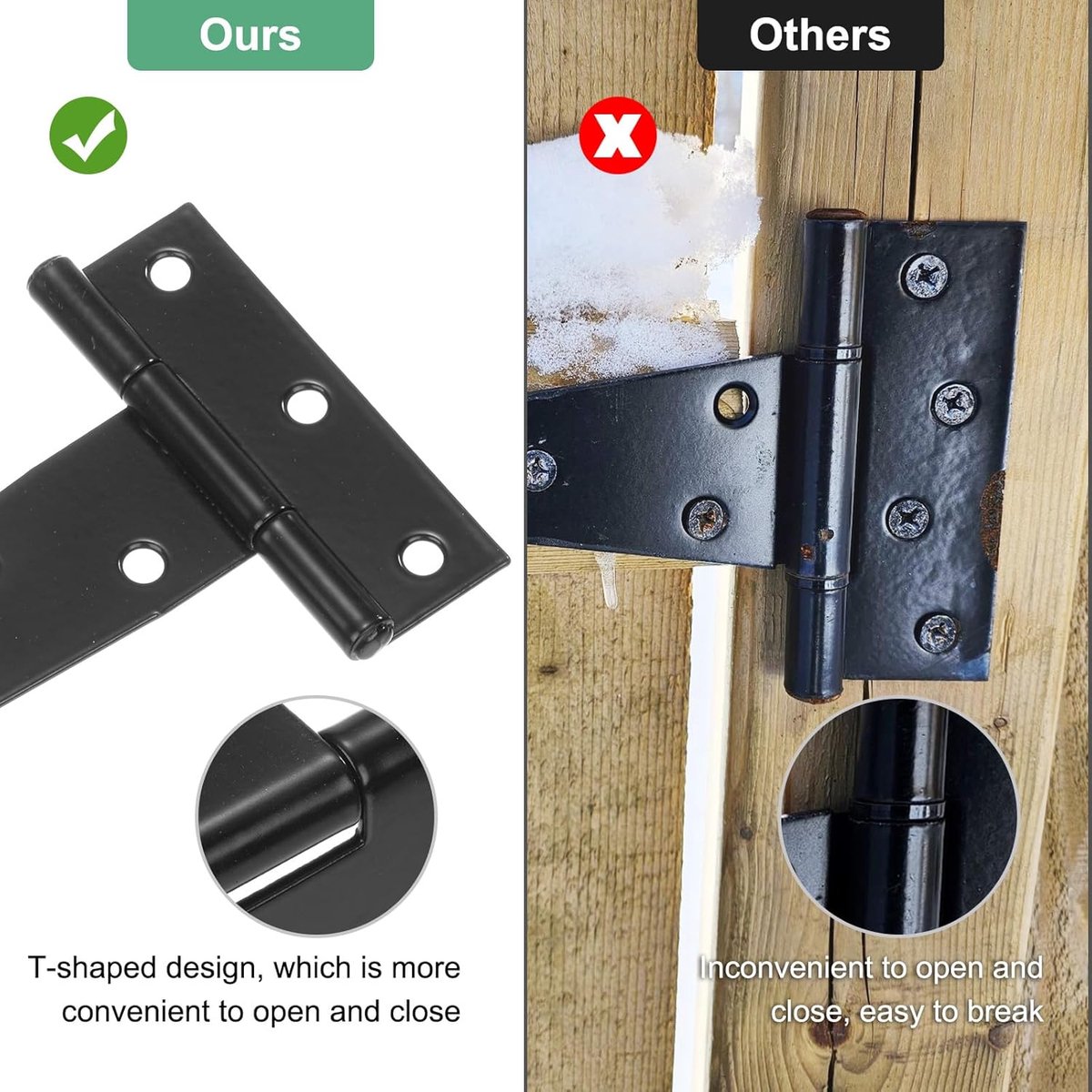 pieces - T-hinge for door - with screws - 6 inch - shed door hinge - T-door hinge - T-hinges - T-hinge - exterior door hinges - for wooden fences, sheds, cabinets and windows - black - 6.4*25 cm
