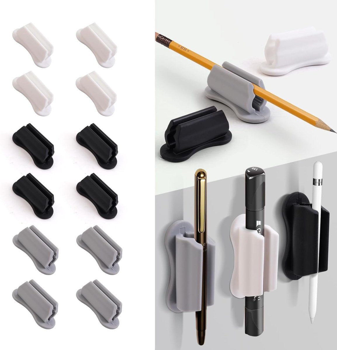 12 pieces - pen holder - pen holder for desk - self-adhesive silicone pen holder - for clipboard mounting in classroom - highlighter holder - pencil holder - for desk, classroom, office accessories - black, white and grey - 2*4.7 cm