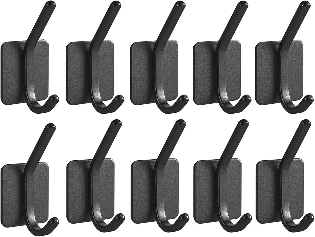 10 Pieces Heavy Duty Self-Adhesive Hooks - Wall Hook - Coat Rack - Coat Hook - No Drilling Required - Hanging Hooks - Wall Hook - Towel Hook - Bathroom Hooks - Easy to Install and Remove - For Home, School, and Office - Black