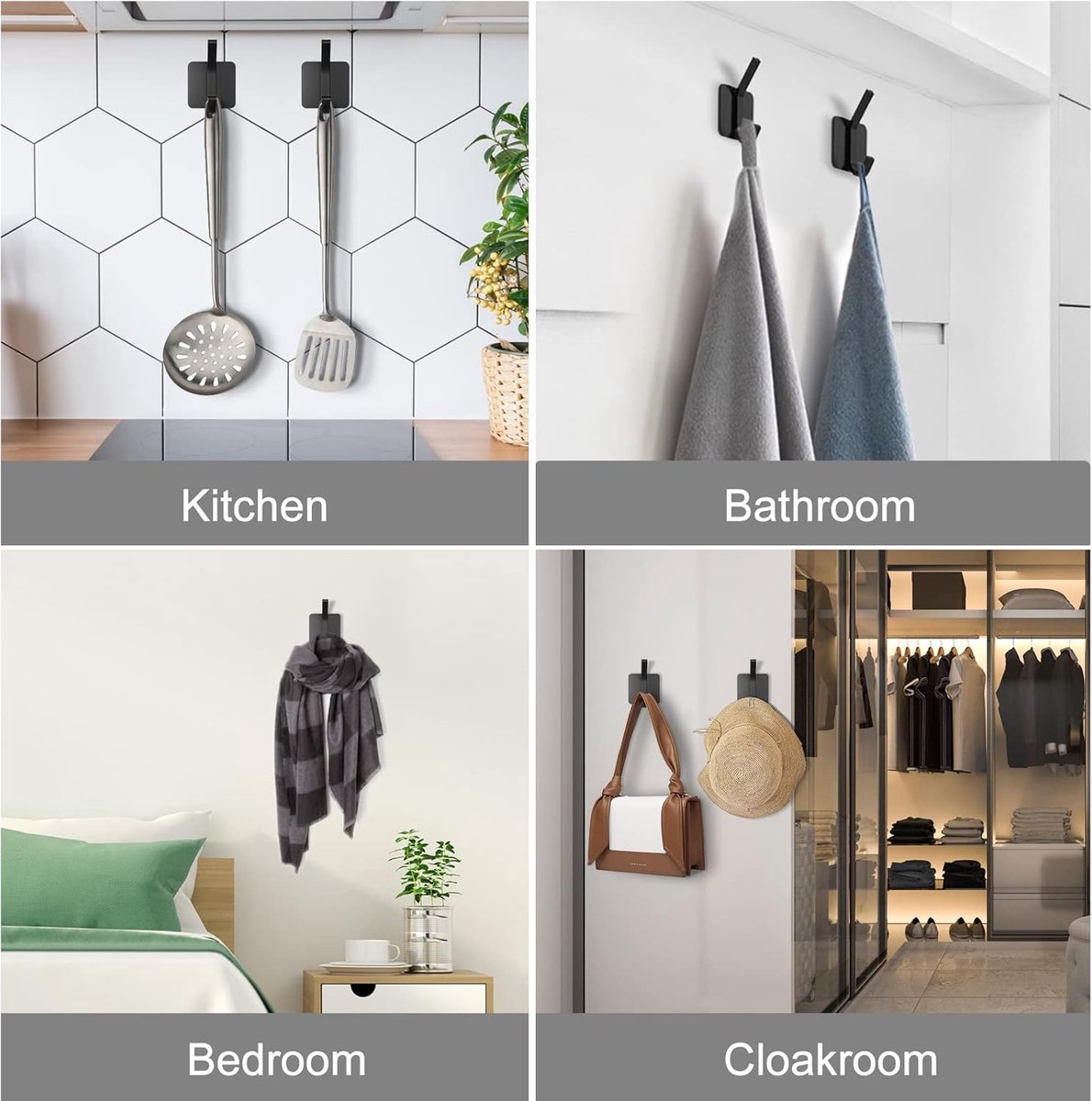 10 Pieces Heavy Duty Self-Adhesive Hooks - Wall Hook - Coat Rack - Coat Hook - No Drilling Required - Hanging Hooks - Wall Hook - Towel Hook - Bathroom Hooks - Easy to Install and Remove - For Home, School, and Office - Black