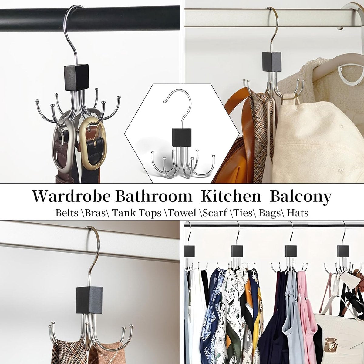 2 pieces - Belt Rack - Belt Organizer - Bra Hanger - Tank Top Hanger - Clothes Hanger - Clothes Hangers - 360° Rotating Metal - Bra Organizer - Storage Rack - with 6 Hooks - for belts, ties, tank tops, bras, scarves and handbags - 14*10 cm - Black