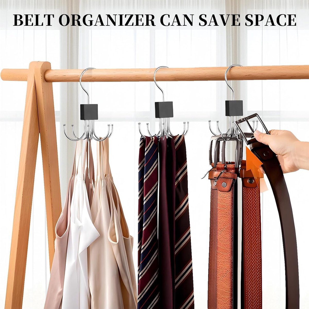 2 pieces - Belt Rack - Belt Organizer - Bra Hanger - Tank Top Hanger - Clothes Hanger - Clothes Hangers - 360° Rotating Metal - Bra Organizer - Storage Rack - with 6 Hooks - for belts, ties, tank tops, bras, scarves and handbags - 14*10 cm - Black