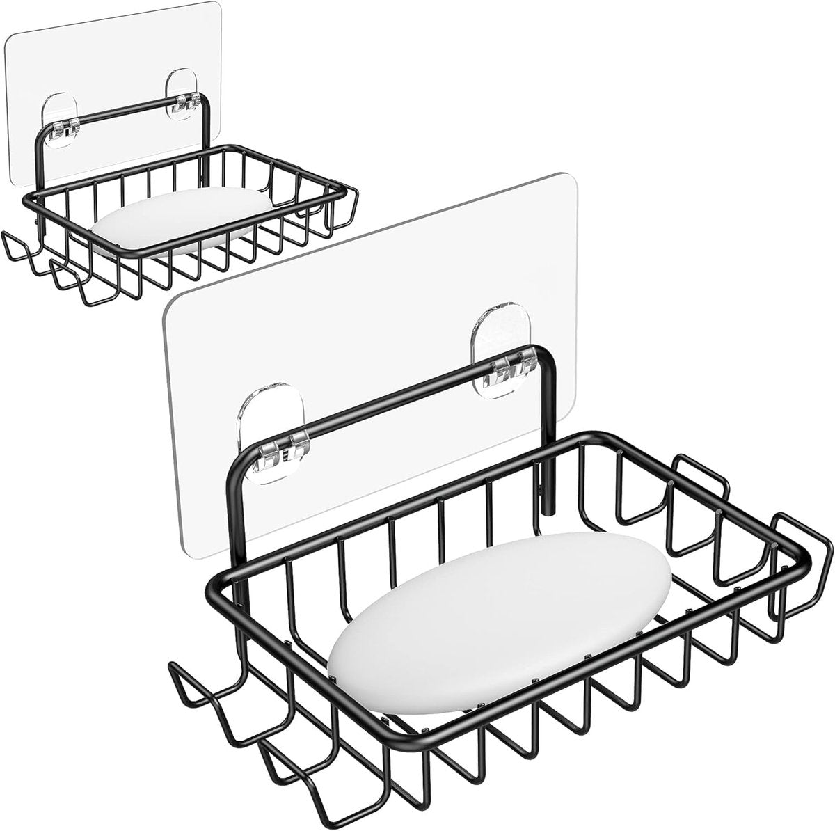 Soap Holders - 2 Pieces - Hanging Soap Holder - Soap Dish - Soap Holder for Shower Wall with 4 Hooks - Stainless Steel - Soap Holder with Drain - Small Soap Dish - Wall Mounting - Portable - Bathroom Accessories - Shower - No Drilling Required - Self-Adhe