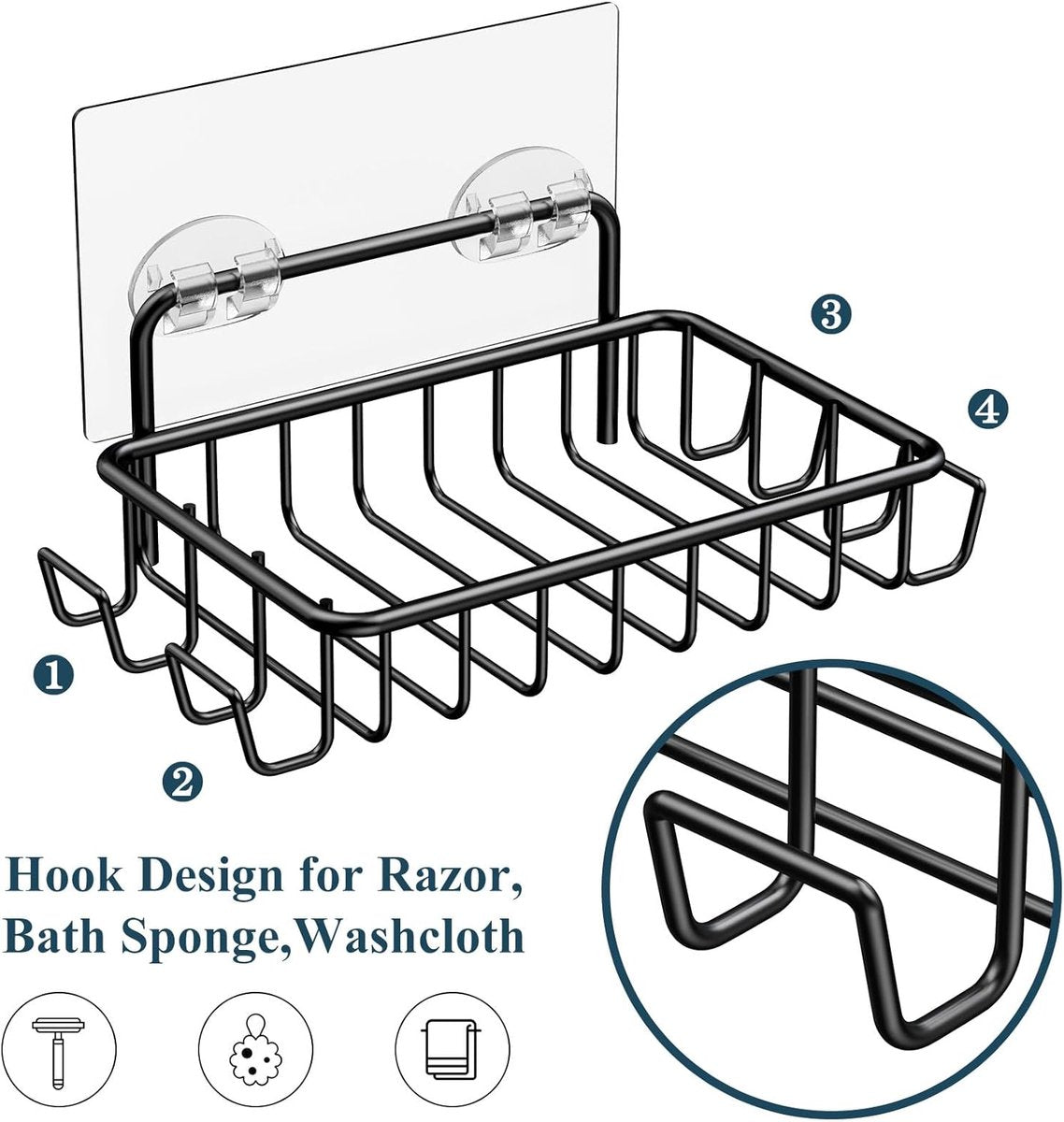 Soap Holders - 2 Pieces - Hanging Soap Holder - Soap Dish - Soap Holder for Shower Wall with 4 Hooks - Stainless Steel - Soap Holder with Drain - Small Soap Dish - Wall Mounting - Portable - Bathroom Accessories - Shower - No Drilling Required - Self-Adhe