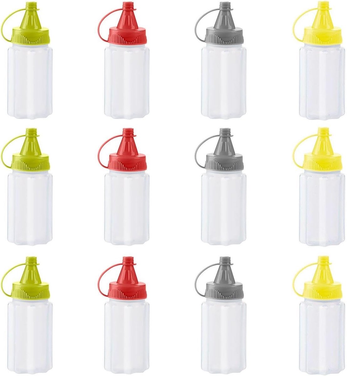 12 pieces - 3.2*3.2*8 cm - sauce bottles - portable sauce bottles - mini sauce bottles - squeeze bottle - ketchup bottle - salad dressing bottle - leak-proof plastic sauce bottles - squeezable sauce containers - kitchen supplies - grey, red, yellow, green