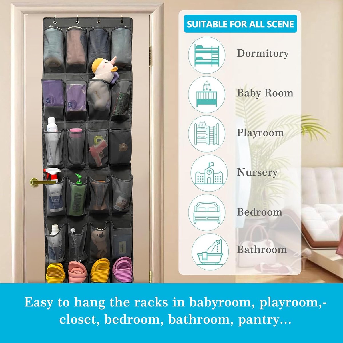150*56 cm - Over-the-door shoe organizer - Wall compartment - 24 large - breathable mesh pockets - shoe rack - hanging storage - various storage space - breathable over-the-door closet storage, sneakers - black