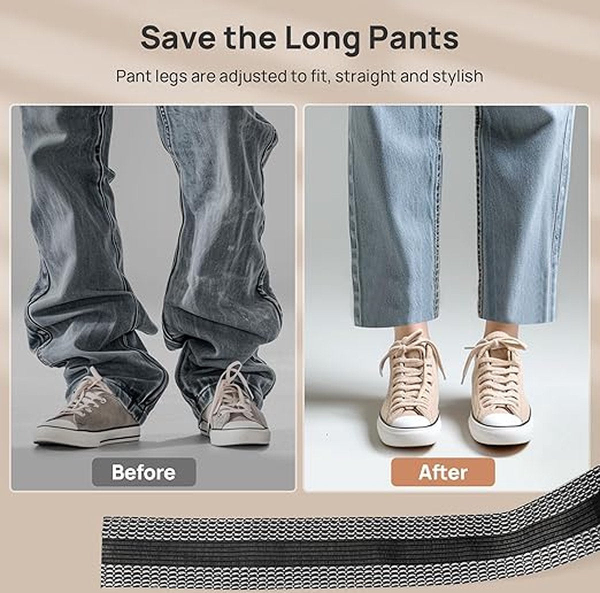 Iron-on tape - Shorten trousers - Shortening hem tape - Black - 5 meters