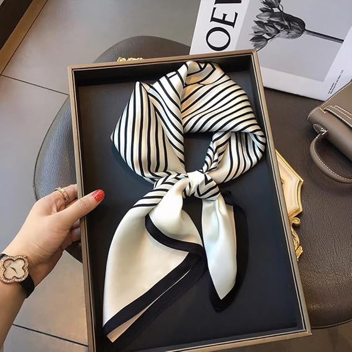 Women's Scarf - Scarves - Stole - Square Scarf - Satin Silk - Polyester - 70*70 cm - Black and White - Fashion Scarves