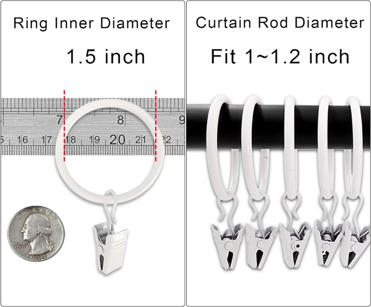 Curtain rings - 45 pieces - Inner diameter 3.8CM - White - Curtain clips for curtain rods - Metal clamps with clip - Hooks for shower curtains, towels, tea towels and dishcloths - Curtain hooks - Curtain hooks