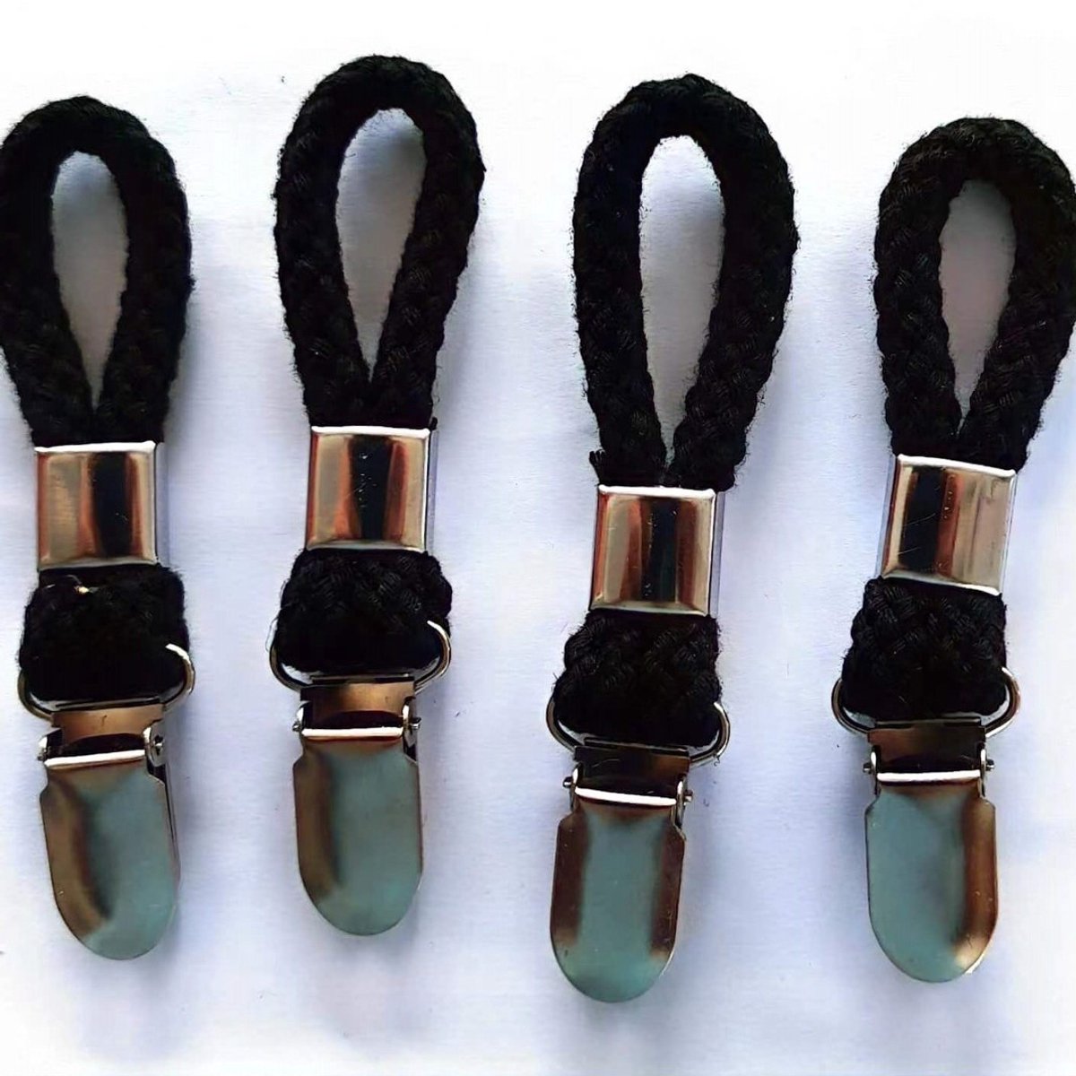 4 pieces - Towel clip - Towel rack - Kitchen towel clips - 11.5*2.3 cm - Black - Multifunctional clips - Suitable for home cupboards and bathrooms - Towel clip made of cotton rope