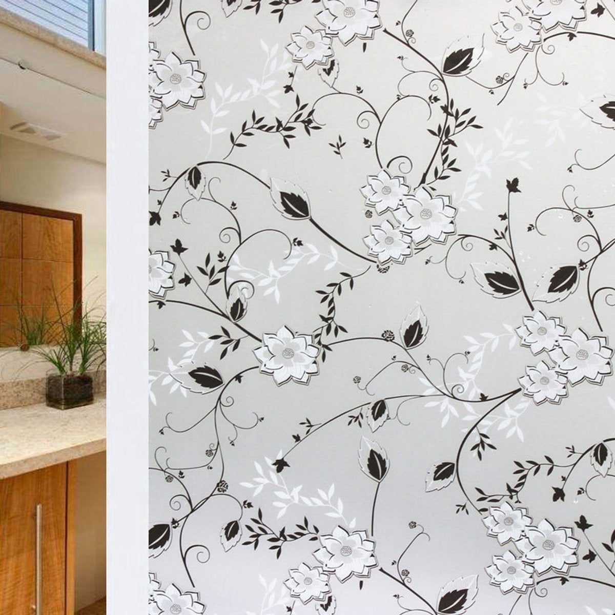 Window film - Self-adhesive window film - Easy installation - 50*200cm - Frosted glass with flowers - black, white - Self-adhesive - PVC - Self-adhesive wallpaper for decoration