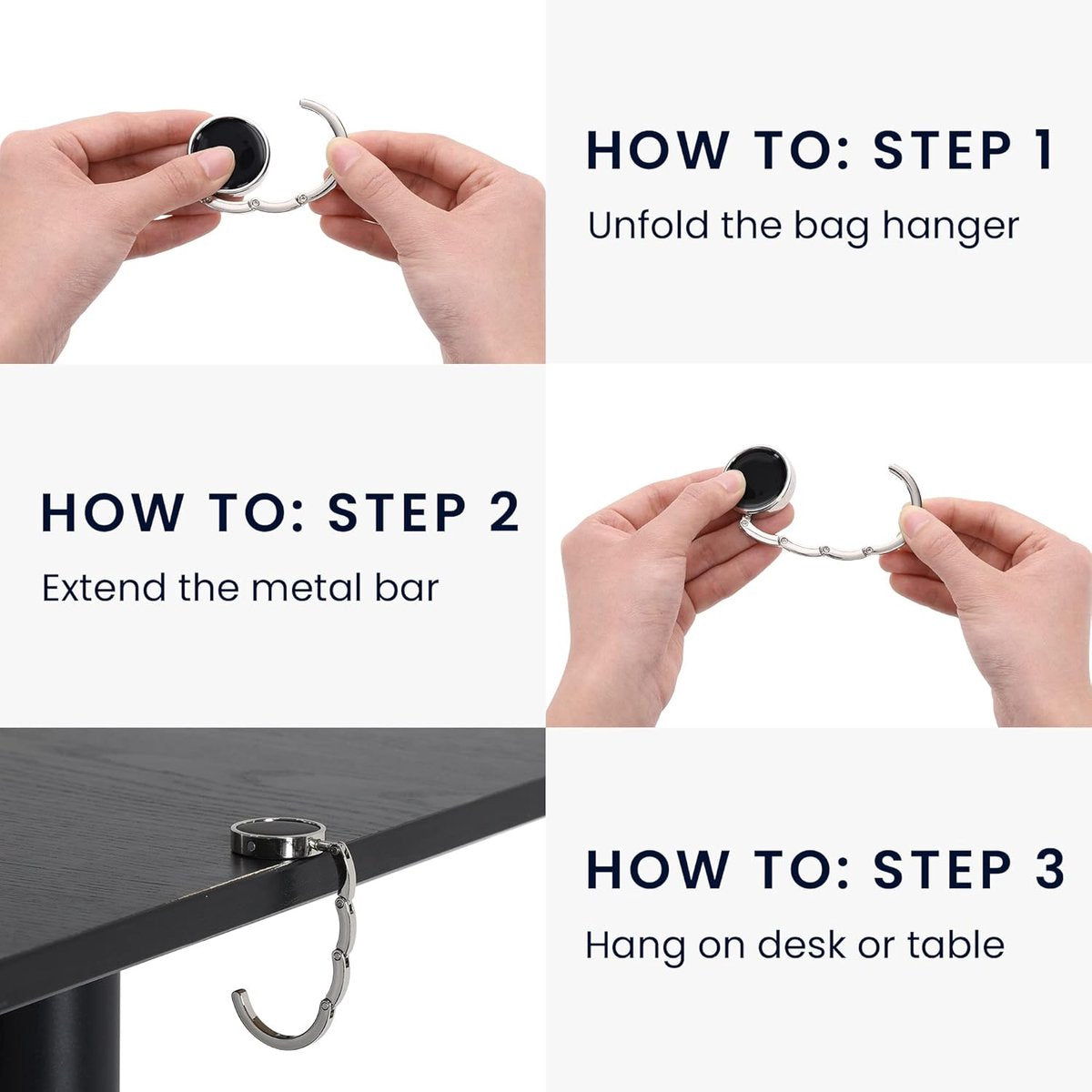 3 pieces - Bag hook - Hook for bags and backpacks - Bag hanger - Bag hooks - Bag hooks - Bag hook - Bag hook table - Bag hanger on the table - Silver - Foldable - Zinc alloy - 9.3 * 4.9 cm - for handbag, school bag, headphones, etc.