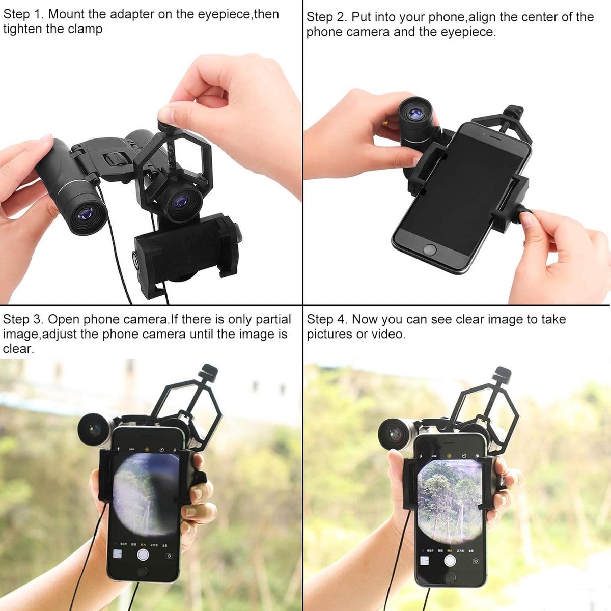 Universal Phone Holder for Telescope - For Eyepiece Diameter Ø 2.5 - 4.8cm - Mobile Phone Adapter Mount - Clip-on Design - For Spotter's Binoculars / Telescope - Adjustable - Black - ABS and Aluminum Alloy