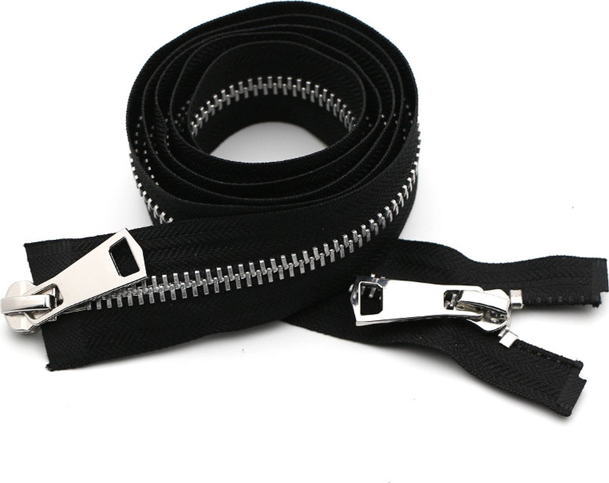 Zipper - Pack of 2 - Two-way zipper - Double slider - Divisible - Silver teeth - Black, silver - No. 5 70 cm - For jackets and coats