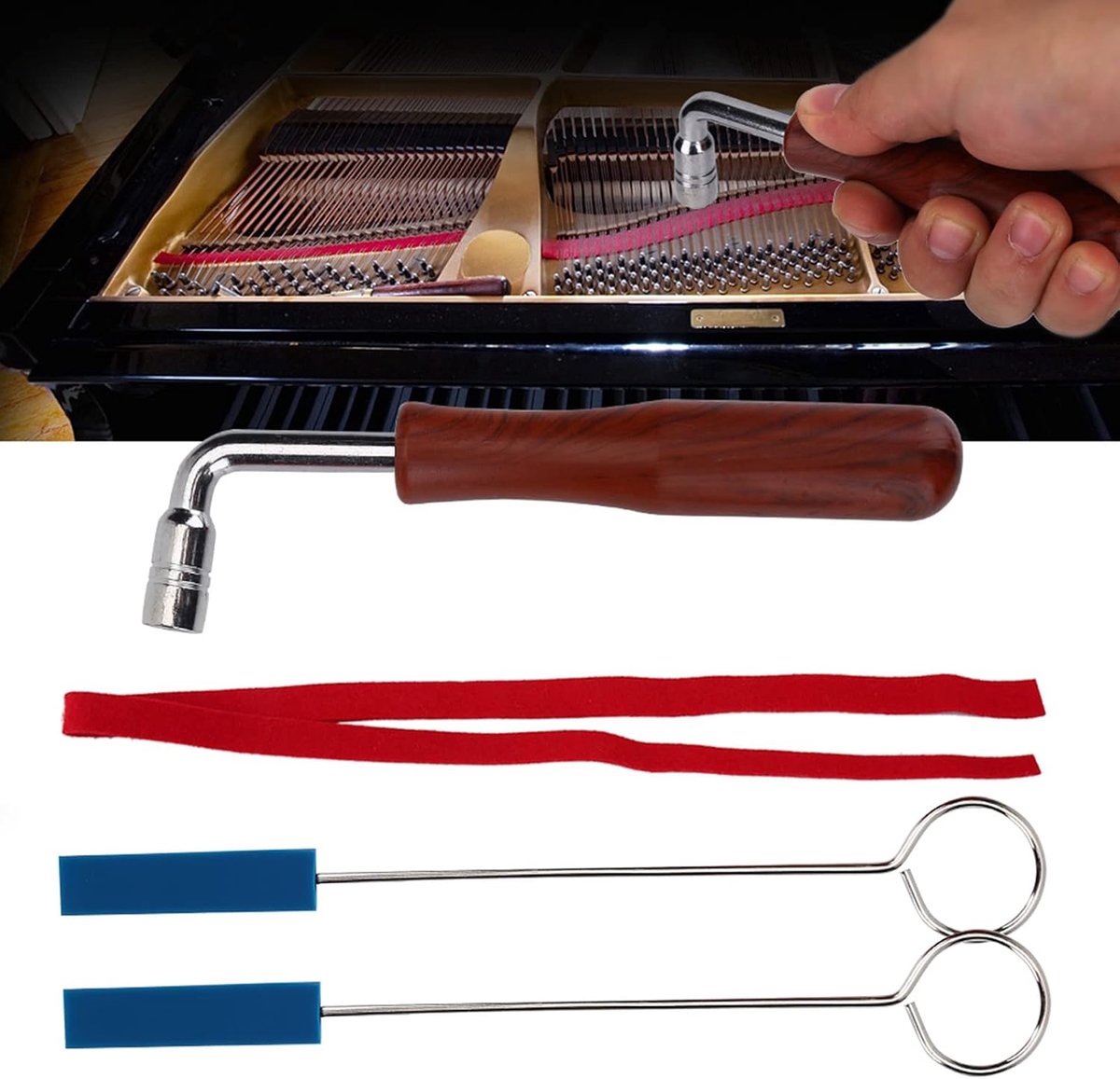 Professional Piano Tuning Kit - Set of 6 - 1x Piano Tuning Hammer, 2x Long Dampers, 2x Short Mutes with Handle, 1x Temperament Strip - Piano Tuner Tool - Professional Metal Rubber Tuning Mute Kit - Blue