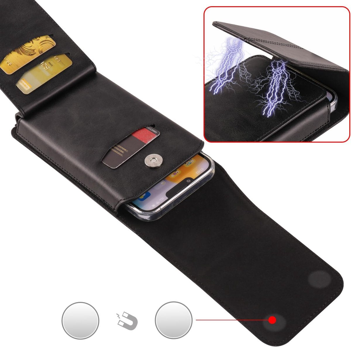 Phone Bag - Black - 15.5*8*2cm - PU Leather - For 6.1 Inch Mobile Phones - With Belt Clip - With Credit Card Slot - Phone Holder Belt Men - Waist Bag - Outdoor Belt Bag - Suitable for Hiking/Outdoor Sports