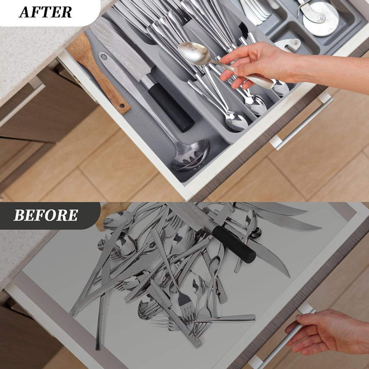 2 in 1 Storage Box - Cutlery Organizer - Cutlery Tray - Drawer Organizer - Multifunctional Cutlery Tray - Pull-out Cutlery Tray - Cutlery Tray Drawer Divider - Small Cutlery Tray for Kitchen - Storage Bins for Cutlery Storage - Gray - PP - 40.5*16.5*5.5cm