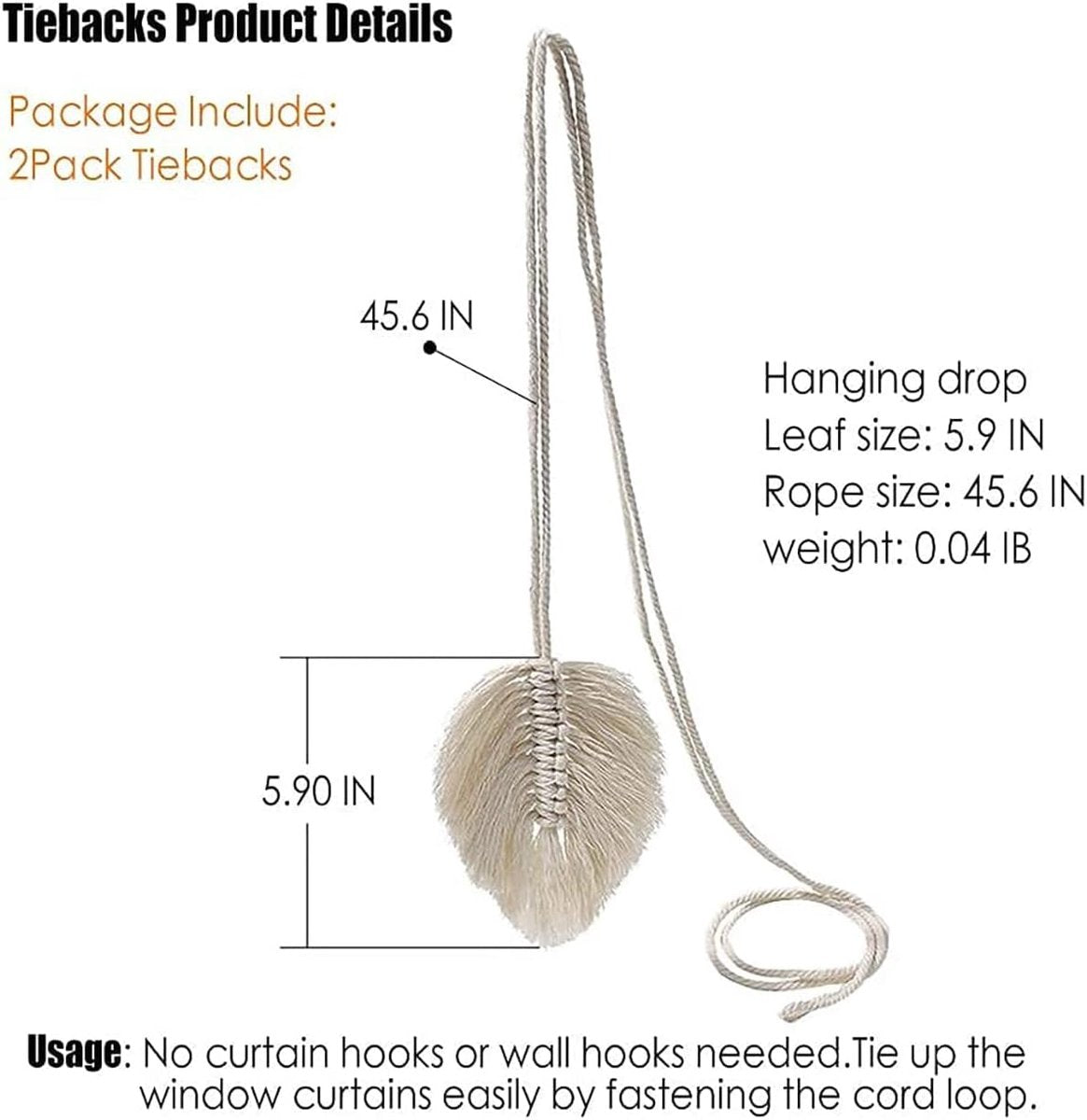 Curtain Holder - 2 Pieces - Curtain Tie Back - Curtain Tie Rope - Curtain Tie Back Hook - Curtain Ties - Beige - 116 cm Long