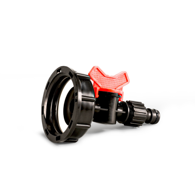 Accessories for 1000L IBC tanks: Adapter cap + 4-point butterfly faucet + black nipple (Teflon tape included)