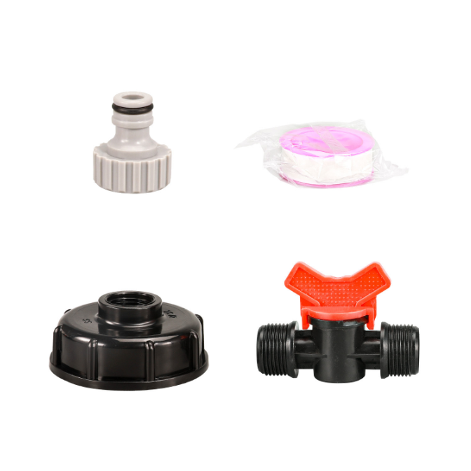 Accessories for 1000L IBC tanks: Adapter cap + 4-point butterfly faucet + black nipple (Teflon tape included)
