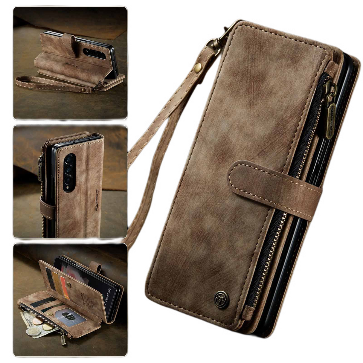 Compatible with Samsung Galaxy Z Fold 3 Case, Samsung, Retro Wallet Design, Card Slots, Magnetic Stand \u0026 Strap