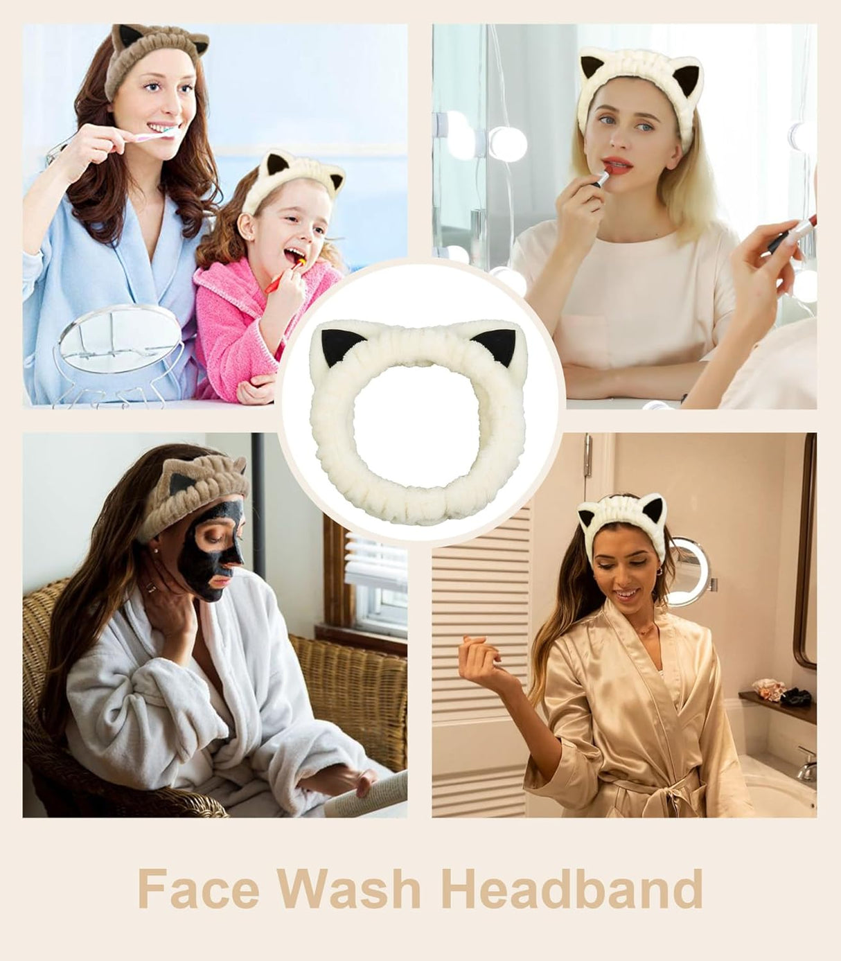 2 Packs Cute Cat Spa Headband for Washing Face Makeup Skincare, Animal Headbands for Women Girls Trendy Stuff Gifts Soft Coral Fleece Facial Wash Hair Accessories (Beige+ Khaki)