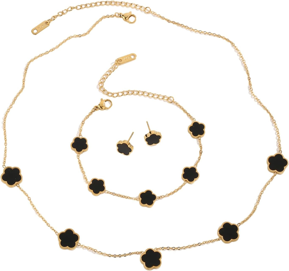 Lucky Clover 18K Gold Plated Clover Necklace Bracelet Earring for Women Fashion Cute Simple Jewelry Sets Hypoallergenic Women Jewelry Gift (Black)