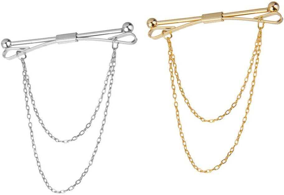 2pcs Men Gold Silver Collar Pin Bar Shirt Tie Stick Pin Brooch with Chain