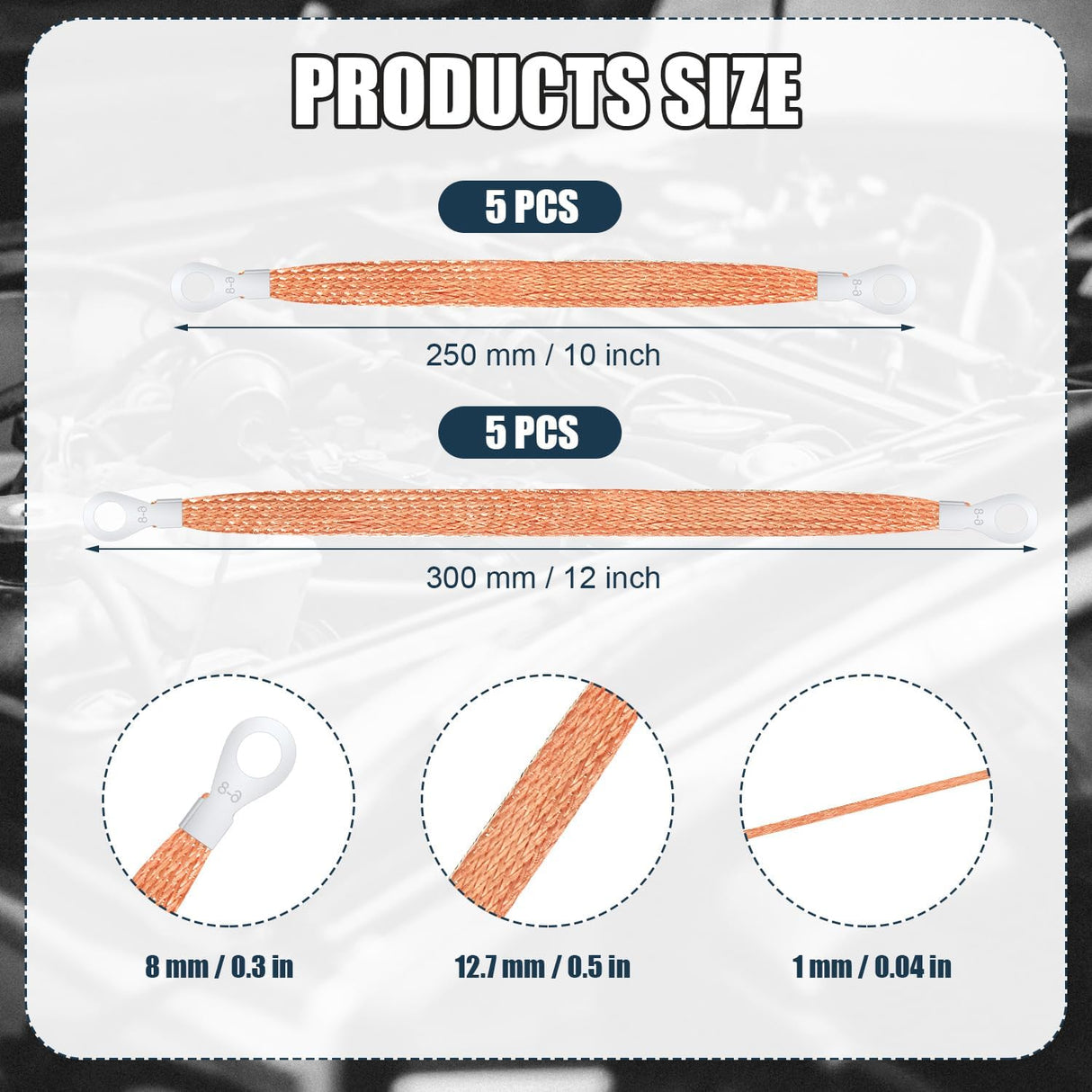 10pcs Universal Automotive Ground Straps, 10/12 inch Engine Ground Strap Kit Braided Copper Ground Straps Automotive Ground Strap Wire Ground Strap Connectors for Most Cars (Copper)