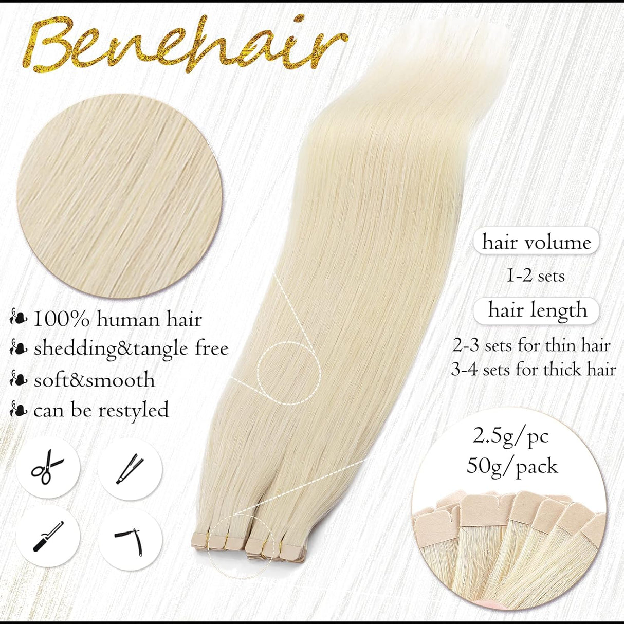 Tape in Hair Extensions Human Hair Platinum Blonde 18 Inch 20pcs 50g/pack Straight Hair Extensions Tape in Seamless Skin Weft Tape in Natural Hair for Women(#60 Platinum Blonde, 18")