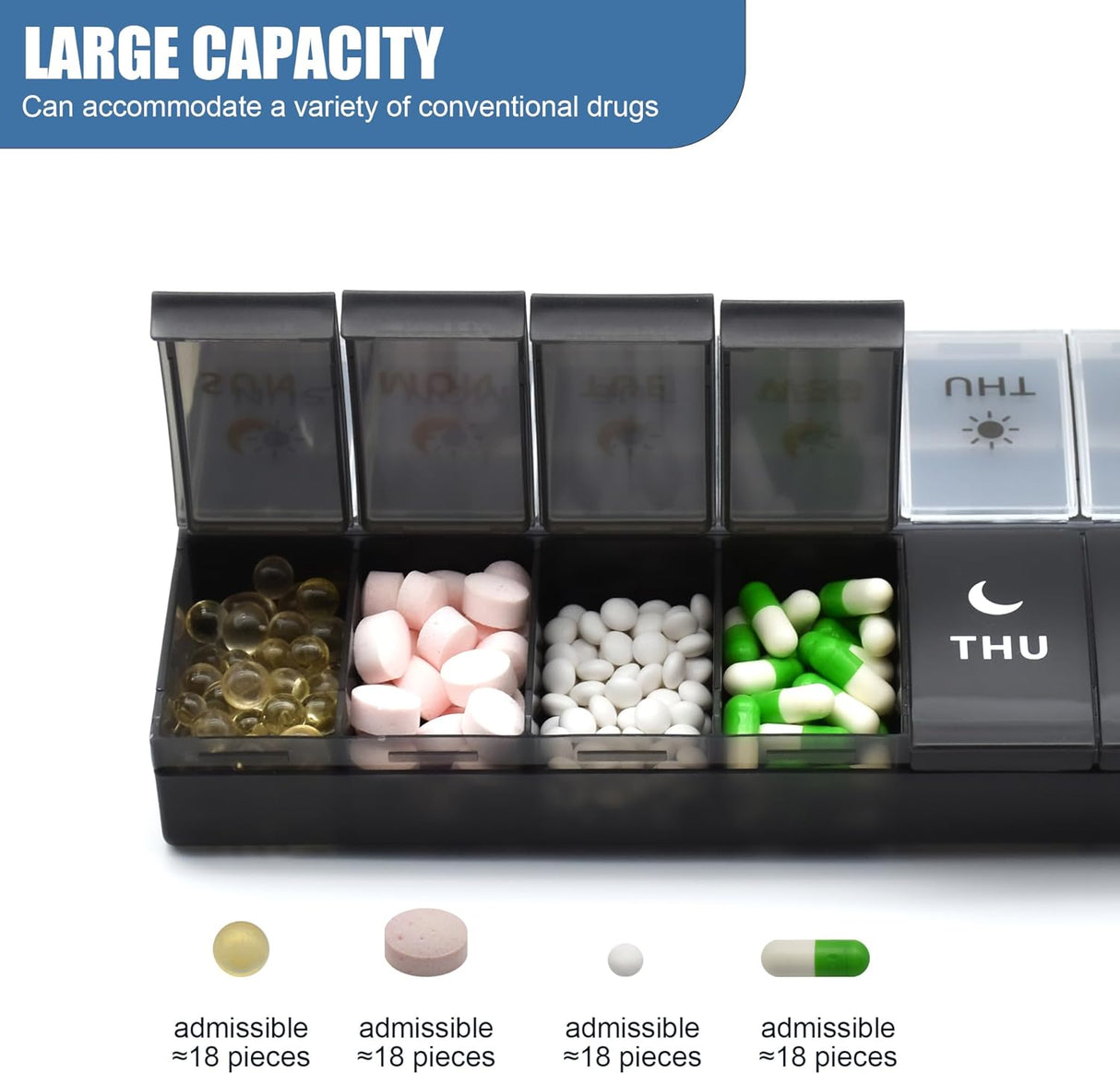 Large Pill Organizer 2 Times a Day, Weekly Pill Case, AM PM Pill Box, Day Night Pill Container 7 Day, Vitamin Case Medicine Dispenser Twice a Day (Black & White)