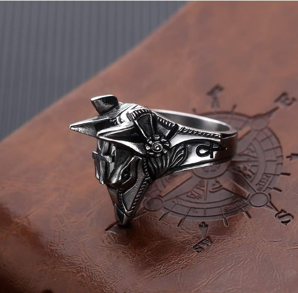 Men's Stainless Steel Egyptian God Anubis Ring Vintage Gold Plated Ankh Cross Ring Jewelry