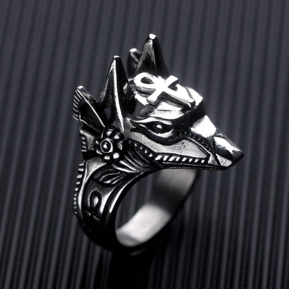 Men's Stainless Steel Egyptian God Anubis Ring Vintage Gold Plated Ankh Cross Ring Jewelry