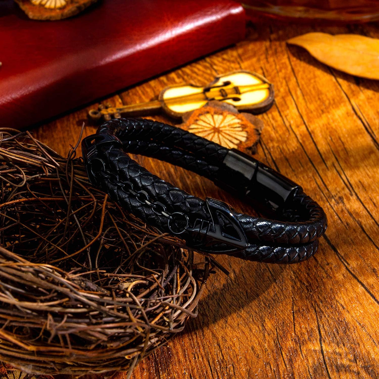 Mens Leather Bracelet with Stainless Steel Clasp Multi-Layer Braided Leather Mens Bracelet