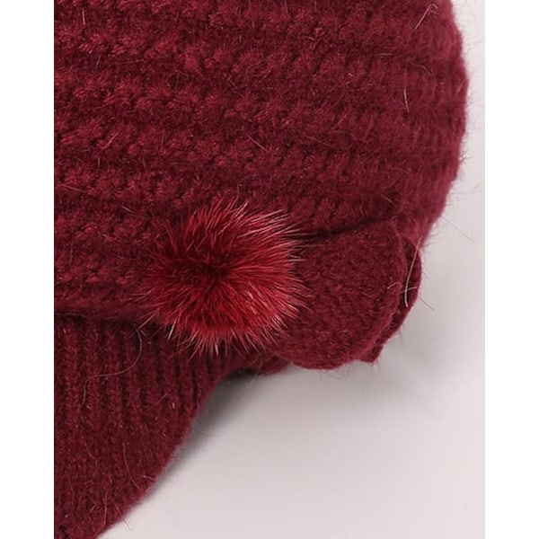 Winter Fleece Lined Thermal Hat for Women, Red Floral Knitted Beret with Brim