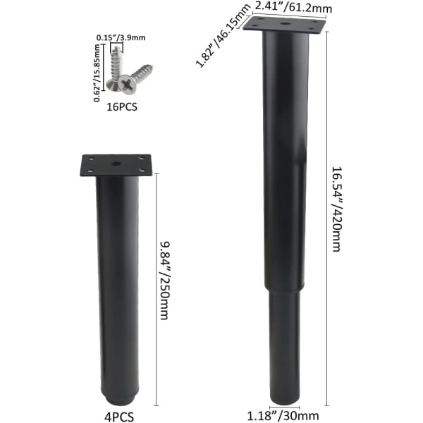 (25-42 cm, black) Set of 4 sturdy adjustable metal furniture legs