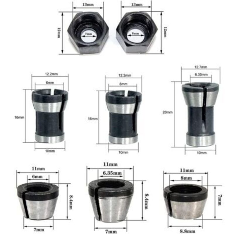 Router Collet Set of 6 - 6mm 6.35mm 8mm Countersunk Milling Chuck Collet Adapter