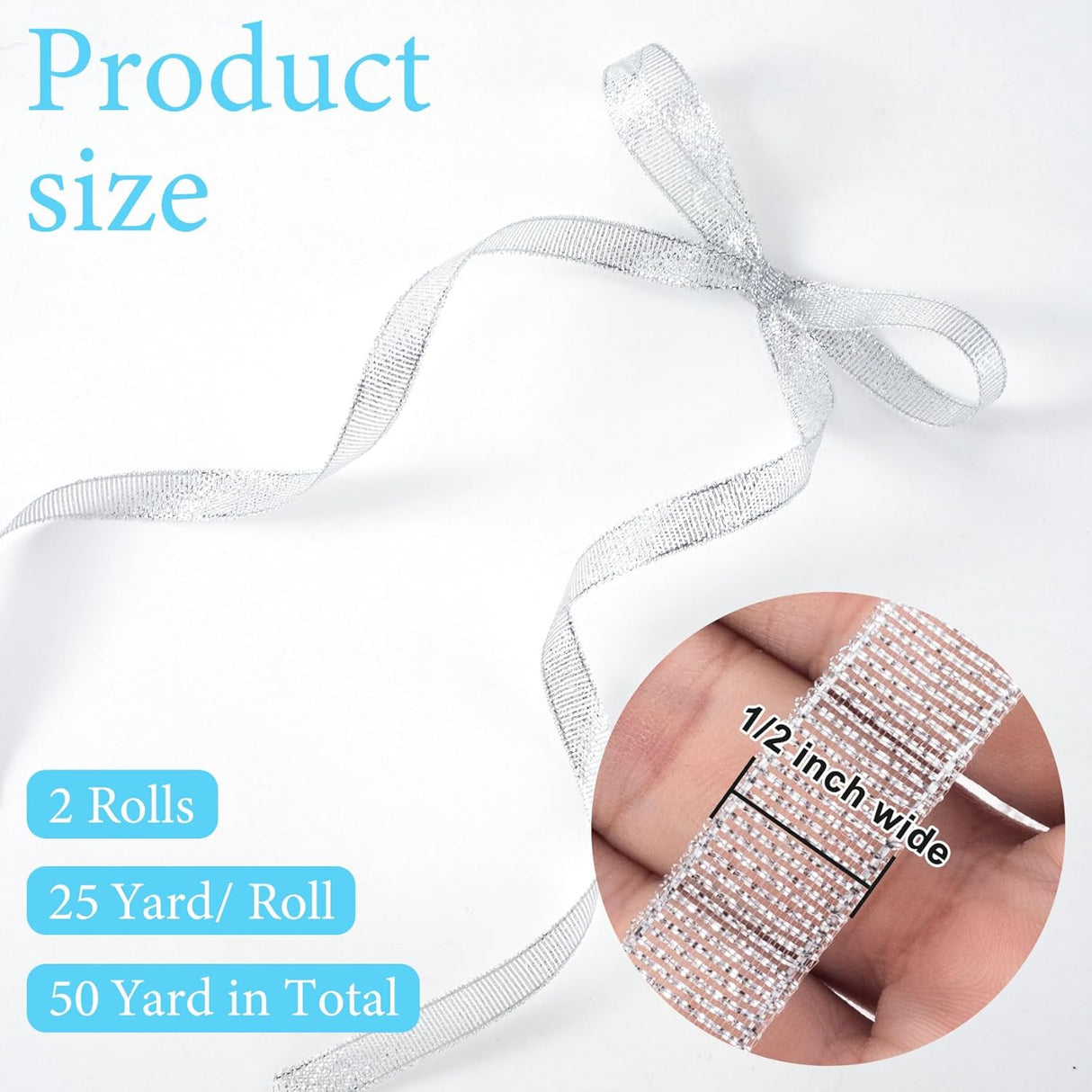 1/2in 50 Yard Silver Ribbon for Gift Wrapping, Glossy Sheer Satin Ribbon, Glitter Thin Fabric for Christmas Halloween Wedding Birthday Party Valentines Day Bouquet Decoration