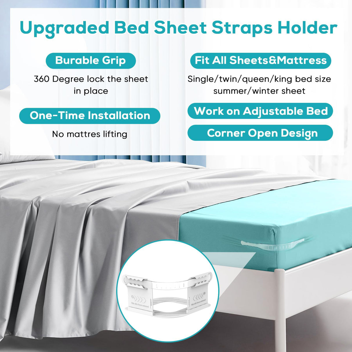 Invisible Sheet and Bed Cover Fastener Set of 4 White Keeps Sheets Tight Removable Storable