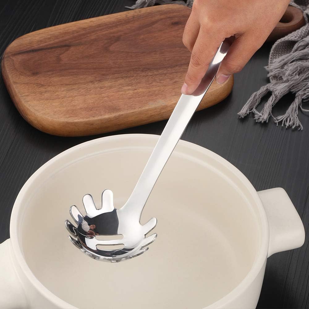 Stainless Steel Pasta Spoon: Spaghetti Server Fork & Noodles Ladle - Metal Pasta Claw for Kitchen Cooking (Silver)