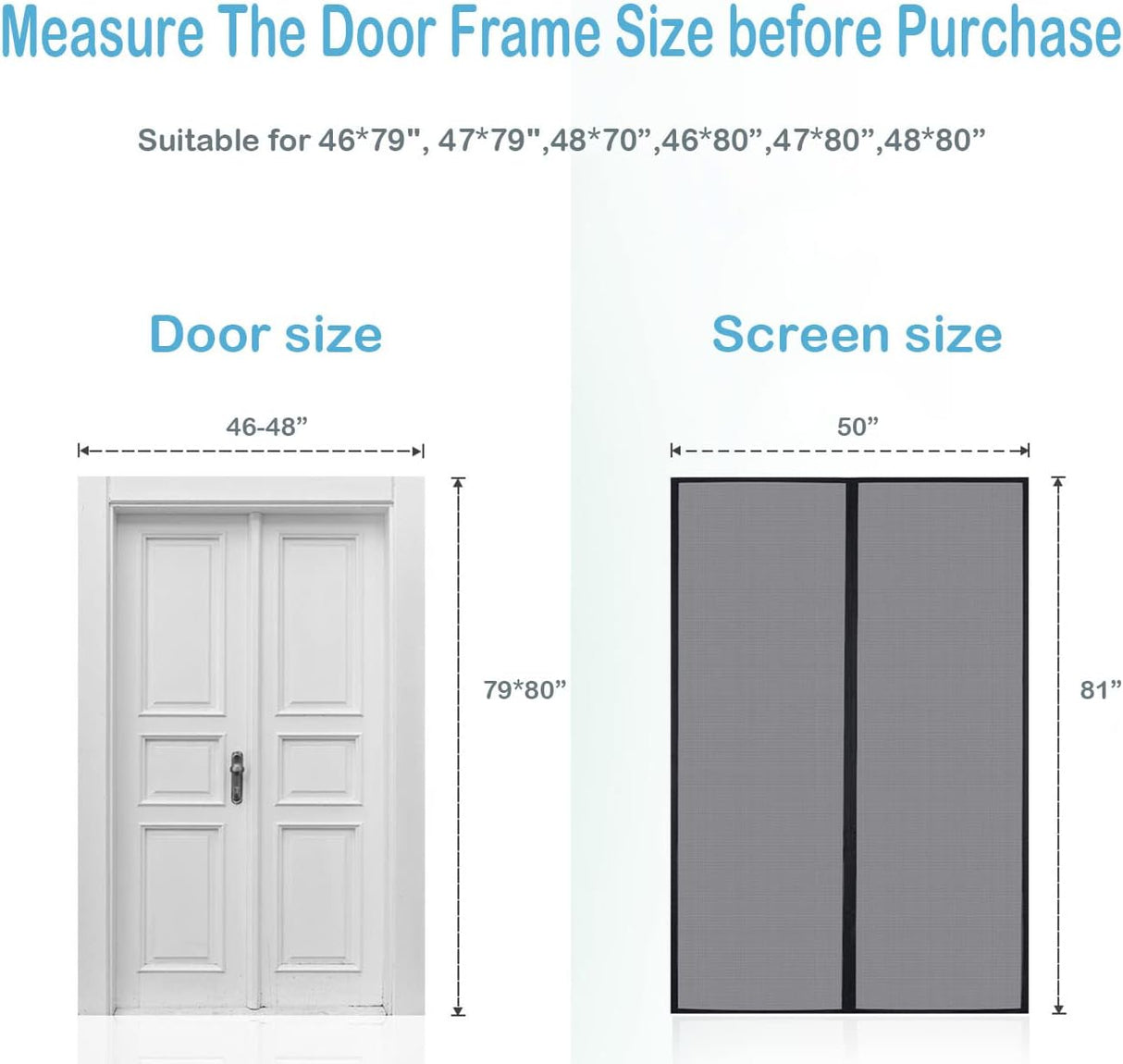 Magnetic Screen Door, Heavy Duty Self-Sealing, Screen Size 50"x81", Fit Door Size up to 48x80 Inches, Hands-Free Durable Fiberglass Screen Doors with Gravity Sticks, Push Pins, Frame Hook&Loop Strips